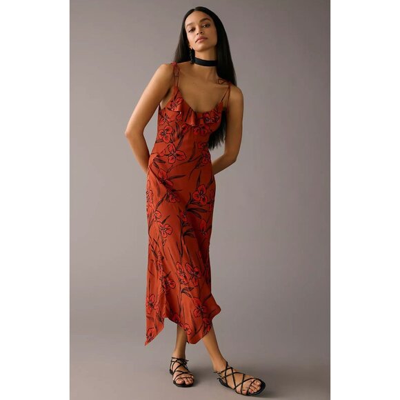 Anthropologie Ruffled V-Neck Slip Dress Midi French Floral Red Medium - Picture 1 of 16